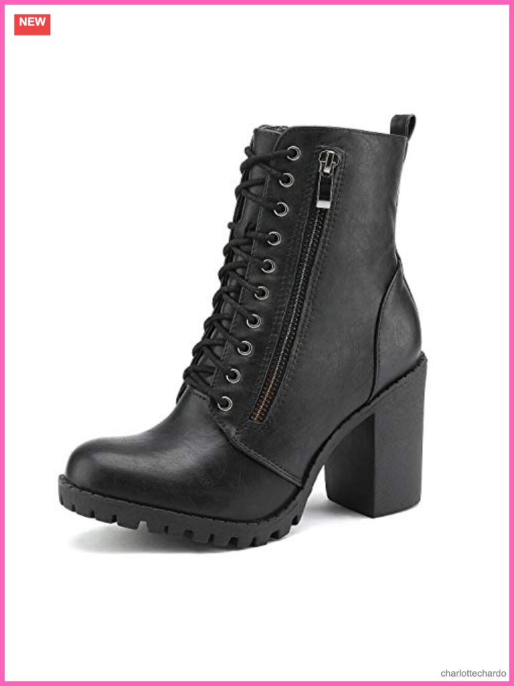 Faux Leather Combat Boots with Chunky Heel and Lace Up Zip Closure